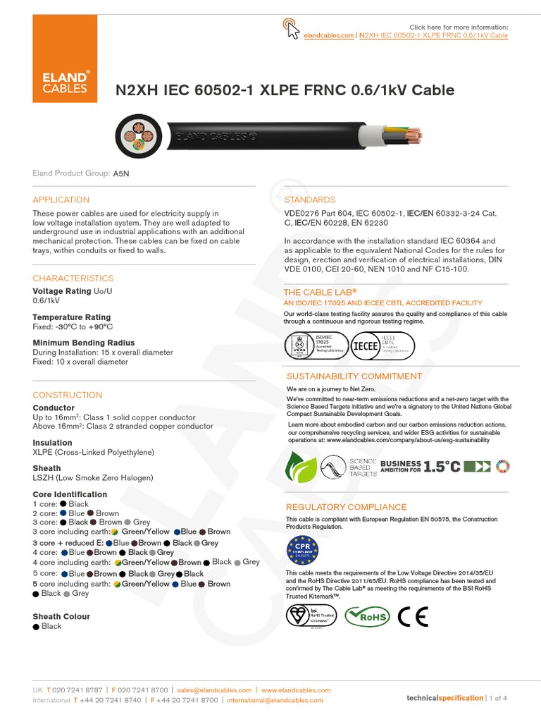 n2xh Iec 60502 1 Xlpe FRNC 0 6 1kv Cable | PDF | Electromagnetism ...