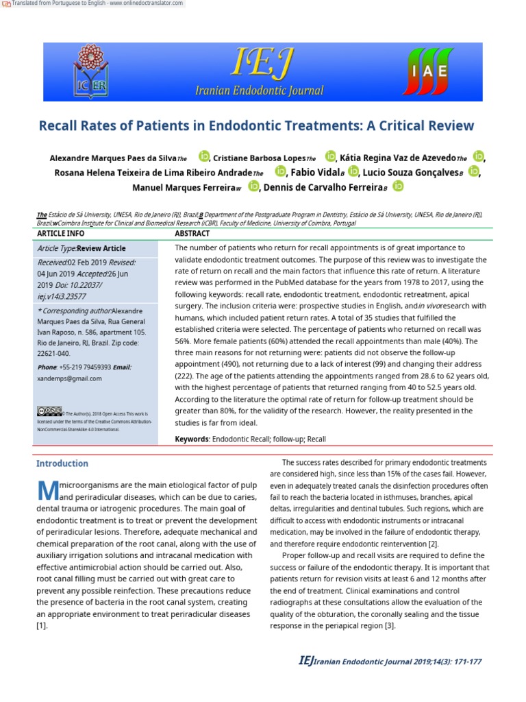 Recall Rates of Patients in Endodontic Treatments A Critical Review