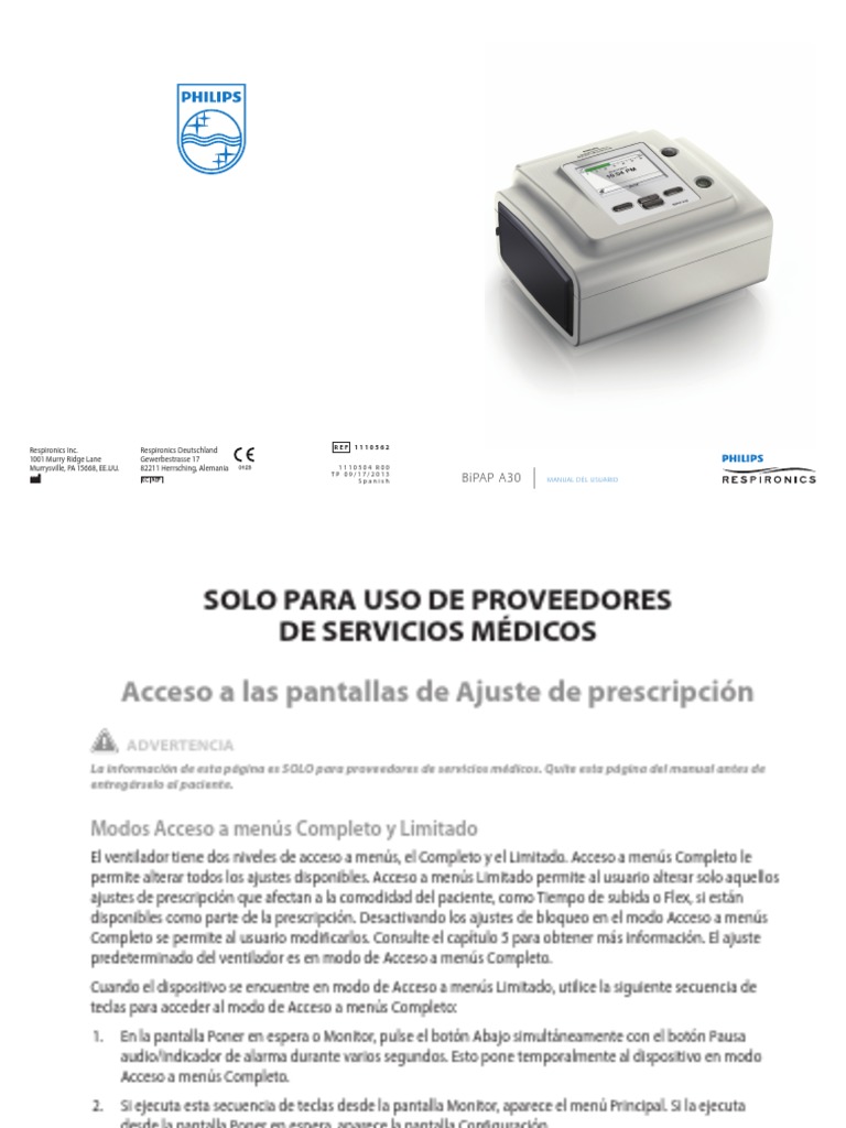 Manual de Usuario BiPAP A30 Philips | PDF