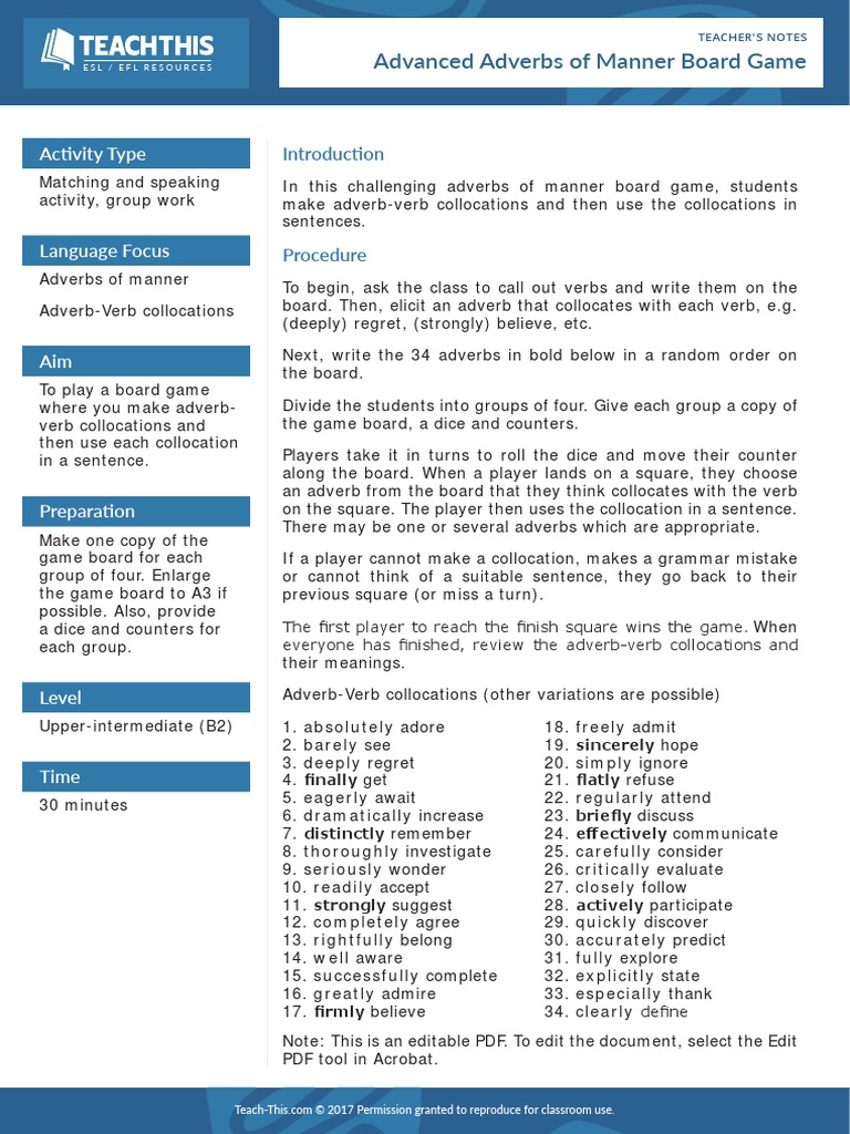 Adverbs of Manner Board Game Activity | PDF | Adverb | English As A ...