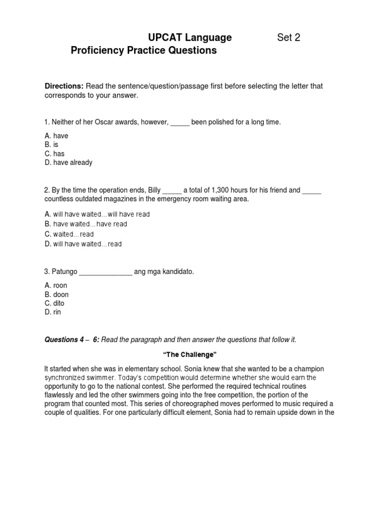 Upcat language proficiency practice questions set 2 pdf