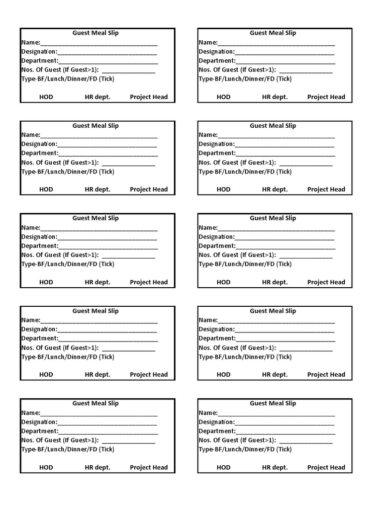 Guest Meal Slip Template | PDF | Lunch | Meal