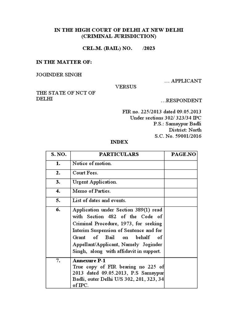 Joginder Singh Bail Application Delhi High Court | PDF