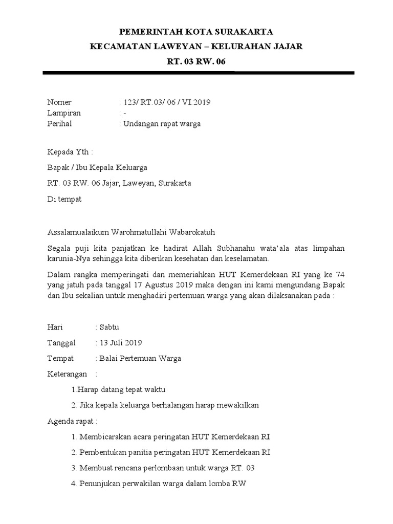 Contoh Surat Undangan Resmi Rapat Ketua RT HUT RI | PDF