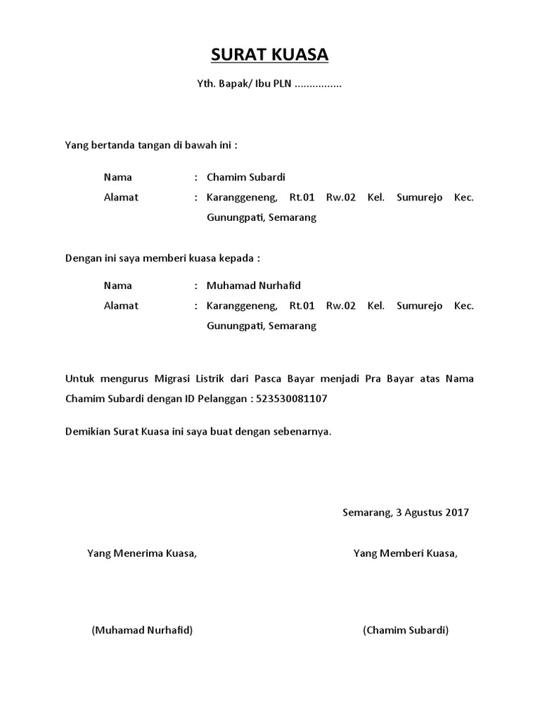 SURAT KUASA Migrasi Meteran Listrik | PDF