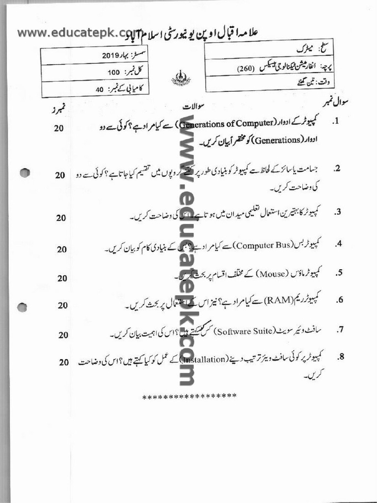 AIOU Code 260 Matric Past Paper Spring 2019 | PDF