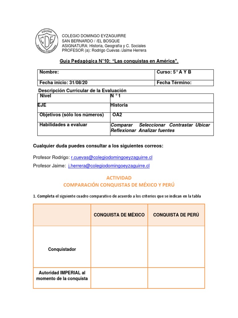 Guía N 10 Historia 5 Básico Pdf Hernán Cortés Imperio Español