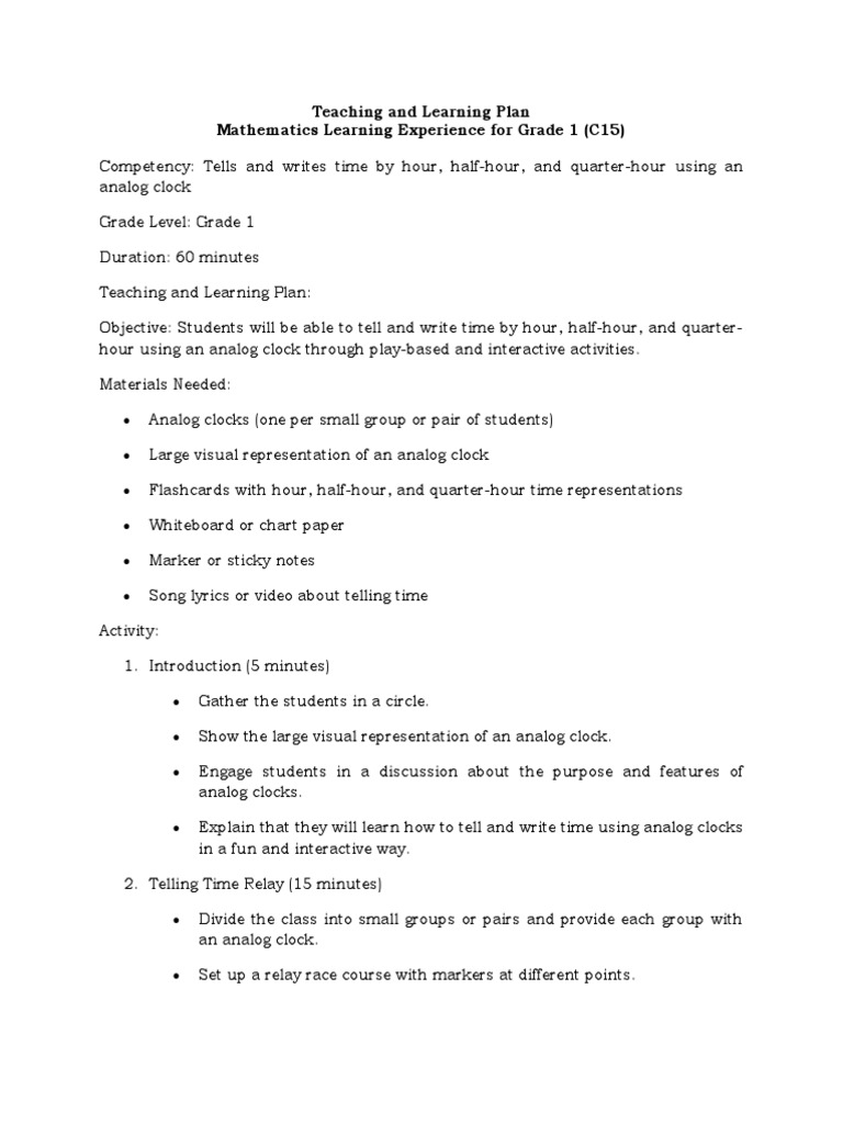 Grade 1TL Plan C16 | PDF | Clock | Pedagogy