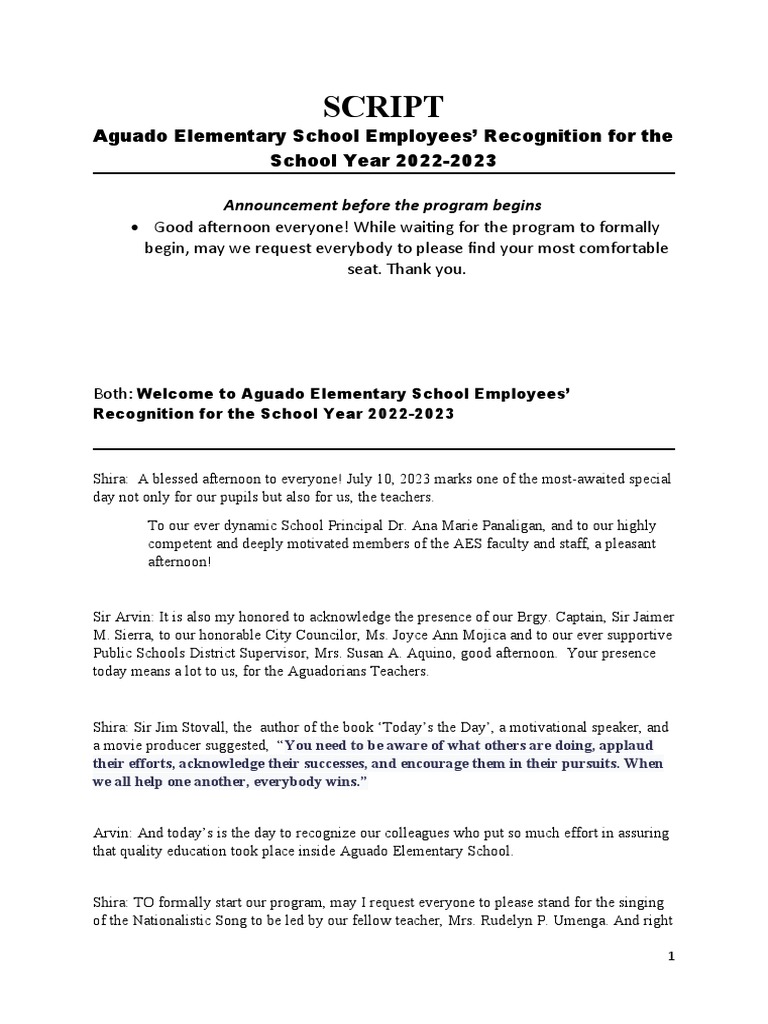 Aguado School Employee Awards 2023 | PDF | Teachers | Leadership