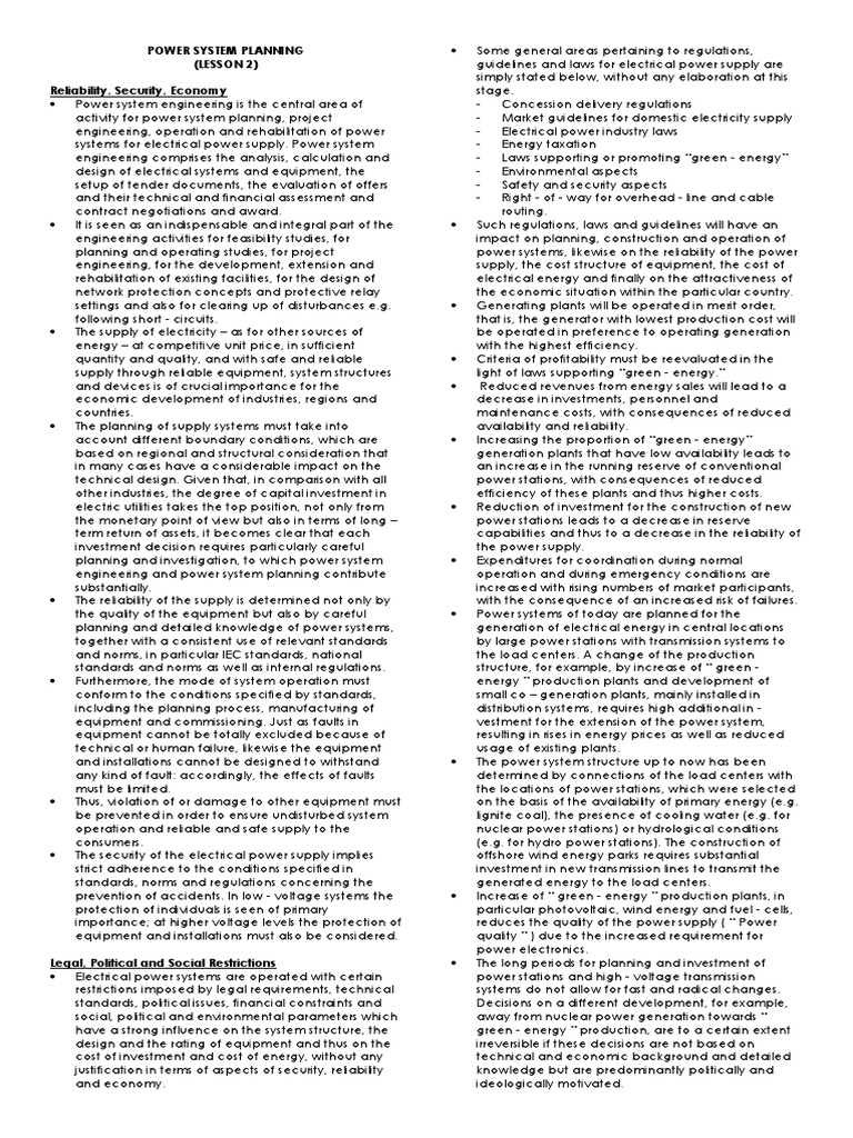 Power System Planning - L2 | PDF | Electricity Generation | Electric Power