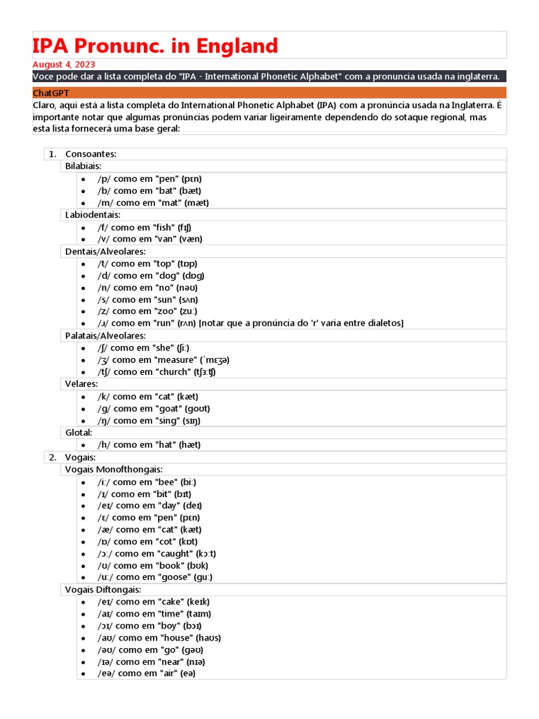 Lista do IPA na Inglaterra | PDF