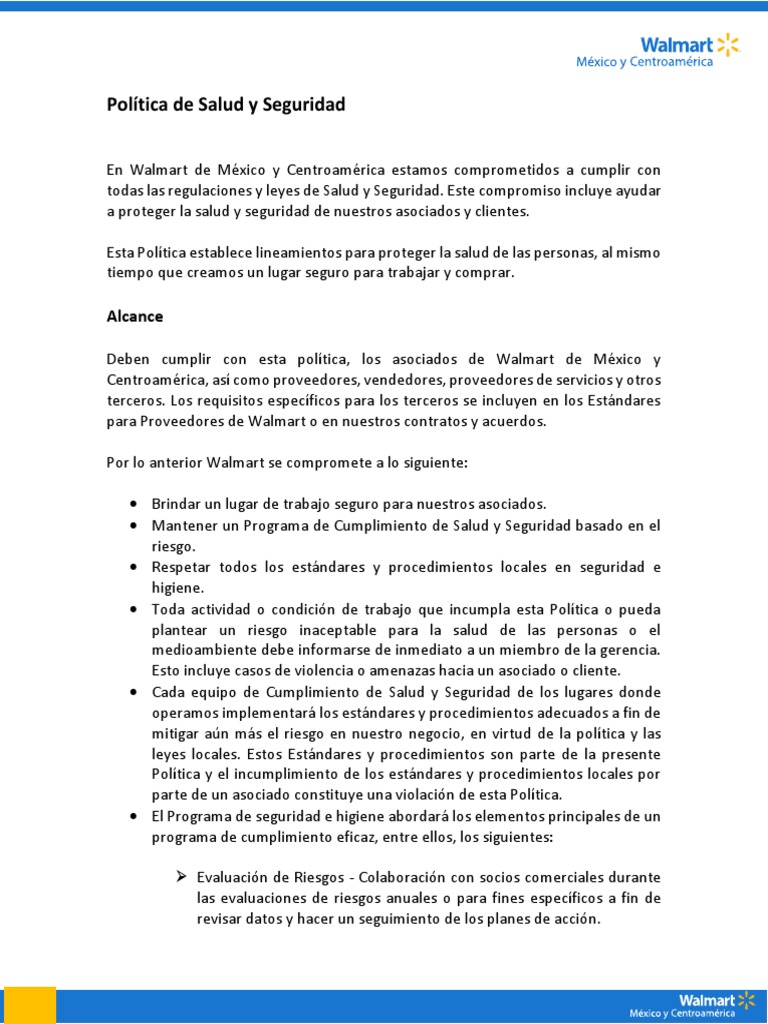 Política de Salud y Seguridad en Walmart | PDF