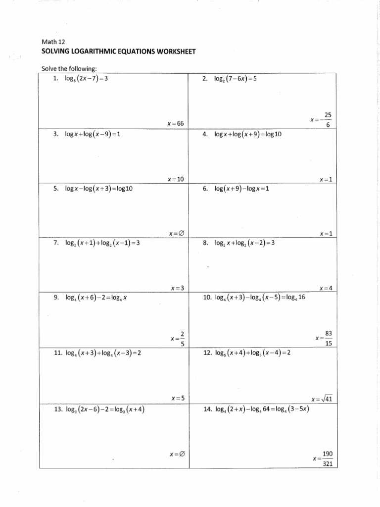 Solving Logarithmic Equations Worksheet | PDF