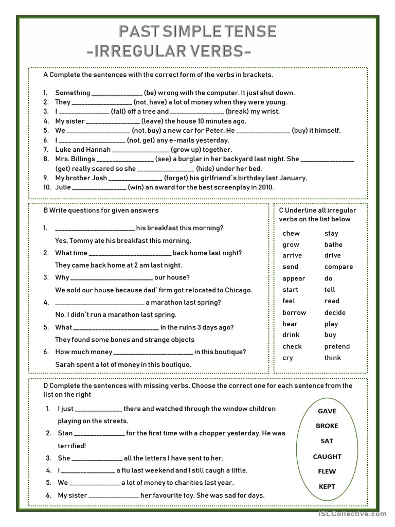 Grammar Review - Past Simple Tense Irregular Verbs | PDF