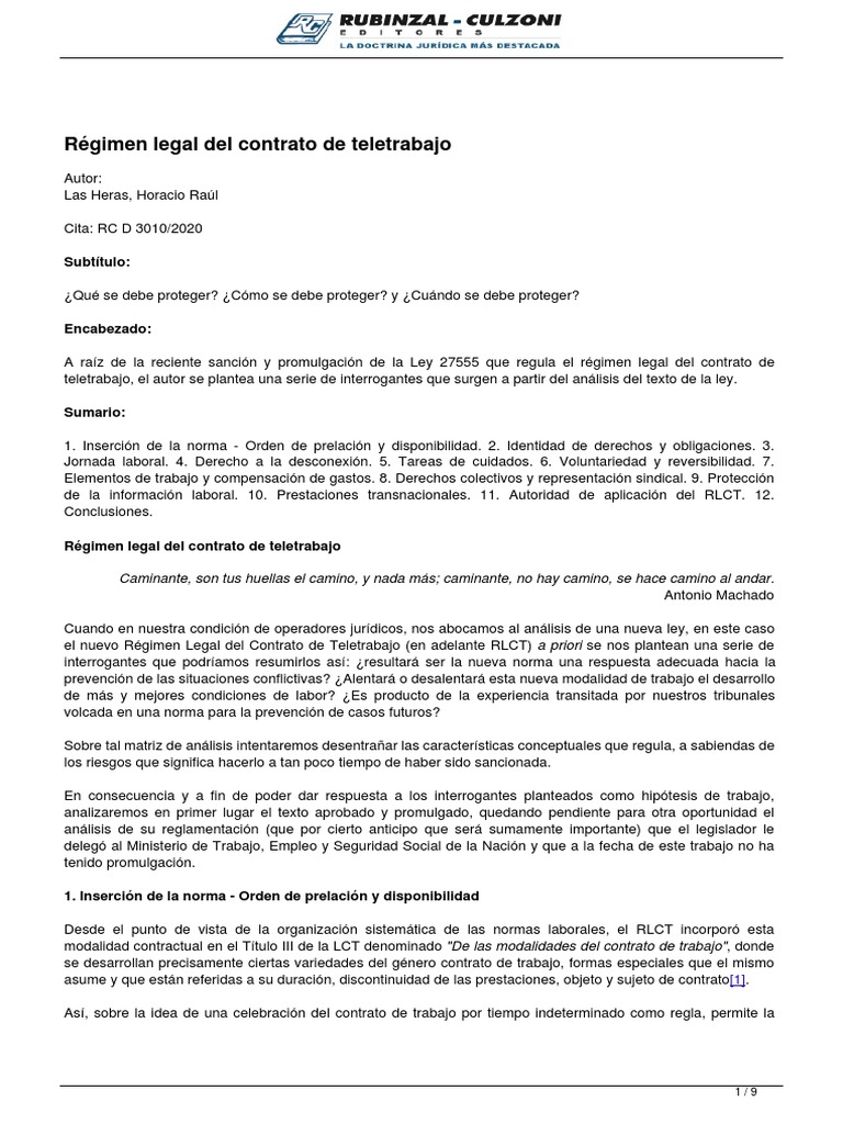 Regimen Legal Del Contrato De Teletrabajo Descargar Gratis Pdf