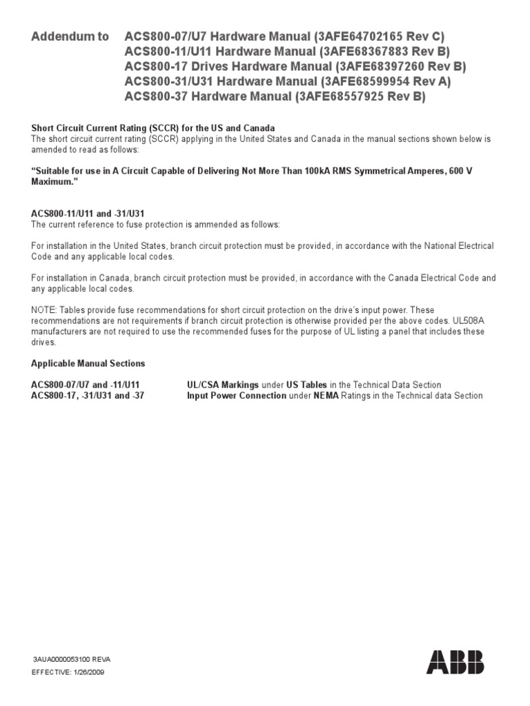 ACS800 User Manual Addendum (SCCR), US PDF