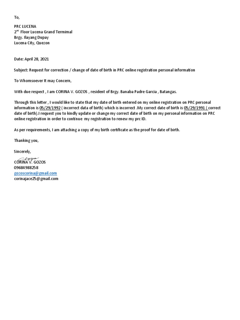 Letter of request on changing my date of birth pdf