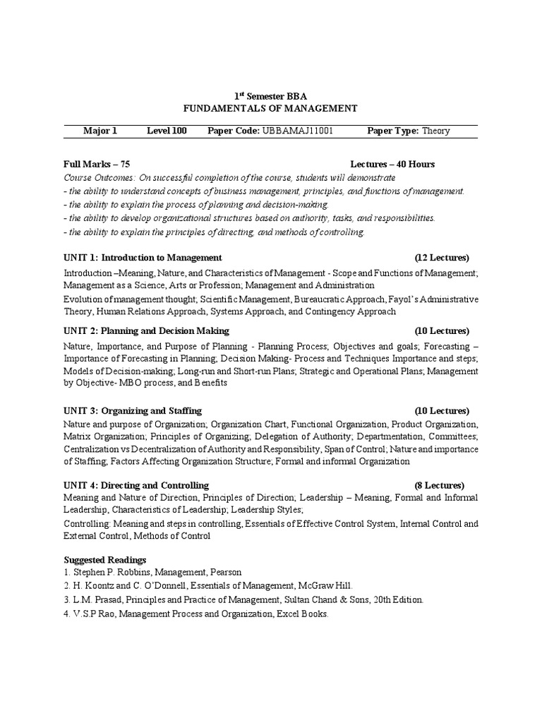 BBA 1st Semester Syllabus Overview | PDF | Mean | Marketing