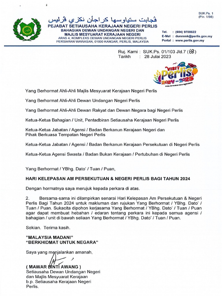 Hari Kelepasan Am Persekutuan & Negeri Perlis Tahun 2024 PDF