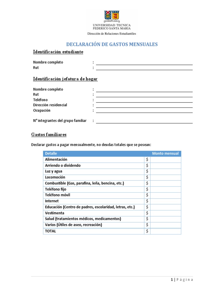 Formato de Declaración de Gastos Mensuales | PDF