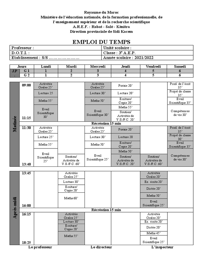 Emploi du temps 3ème année primaire | PDF