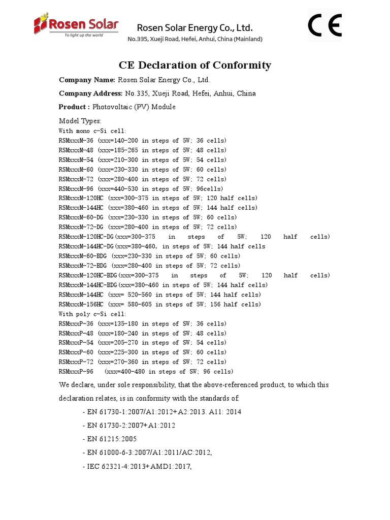 CE Declaration for Rosen Solar PV Modules | PDF