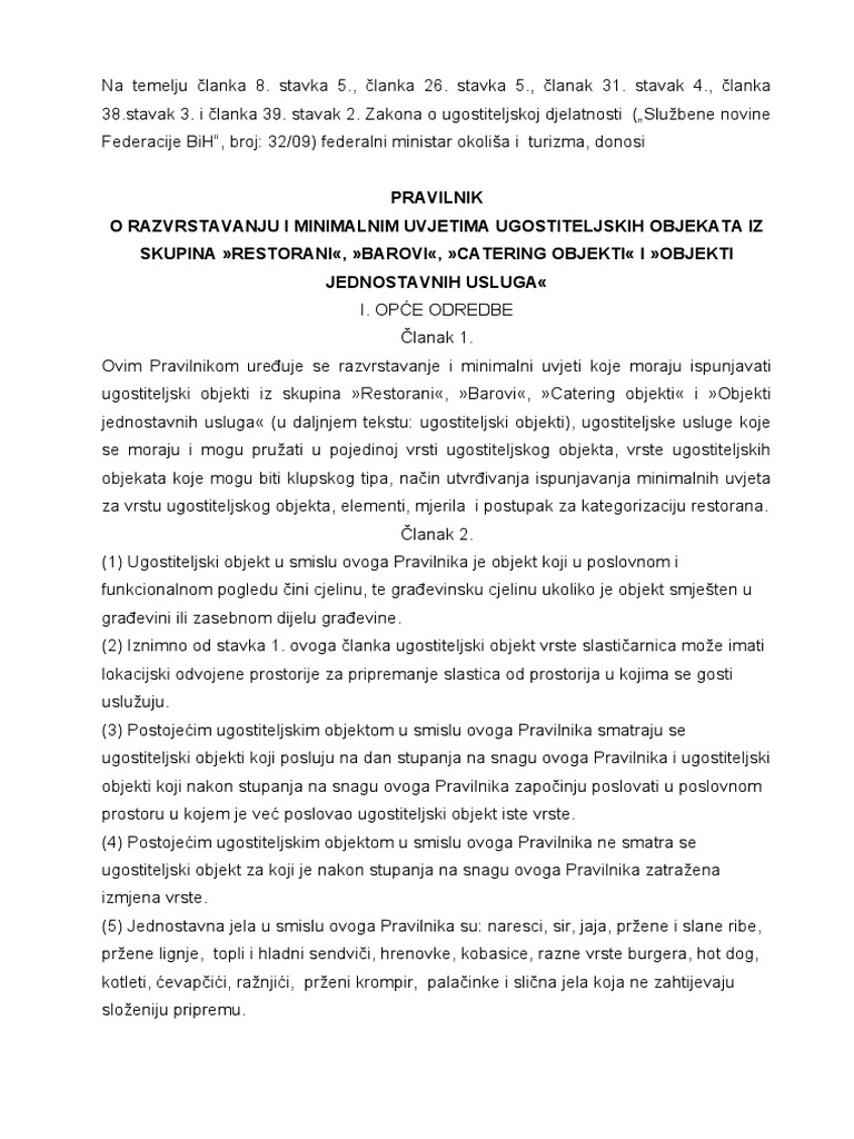 Pravilnik O Razvrstavanju I Minimalnim Uvjetima Ugostiteljskih Objekata ...