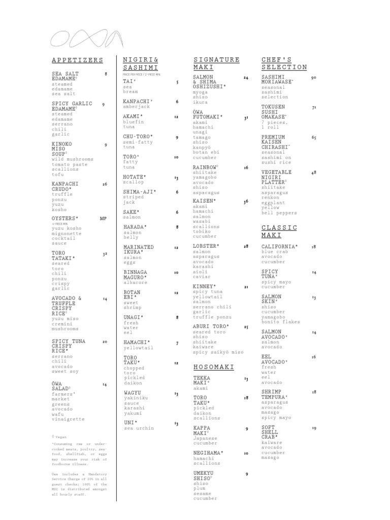 Ōwa Menu | PDF