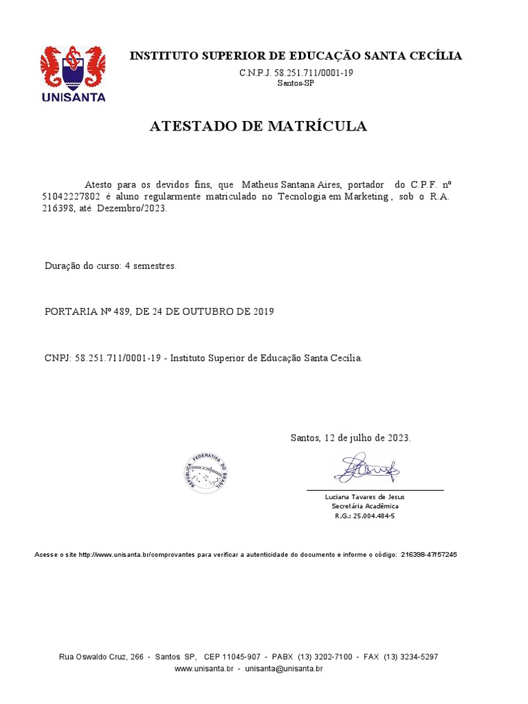 Atestado de Matrícula - Unisanta | PDF