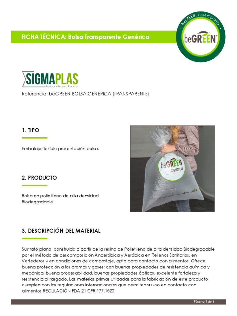 Ficha Técnica de Bolsa Biodegradable | PDF | El plastico | Digestión ...