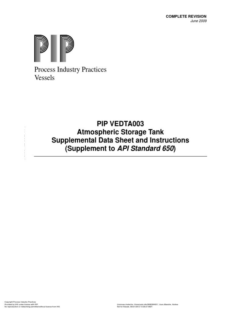 PIP VEDTA003 Atmospheric Storage Tank Data Sheet PDF Specification