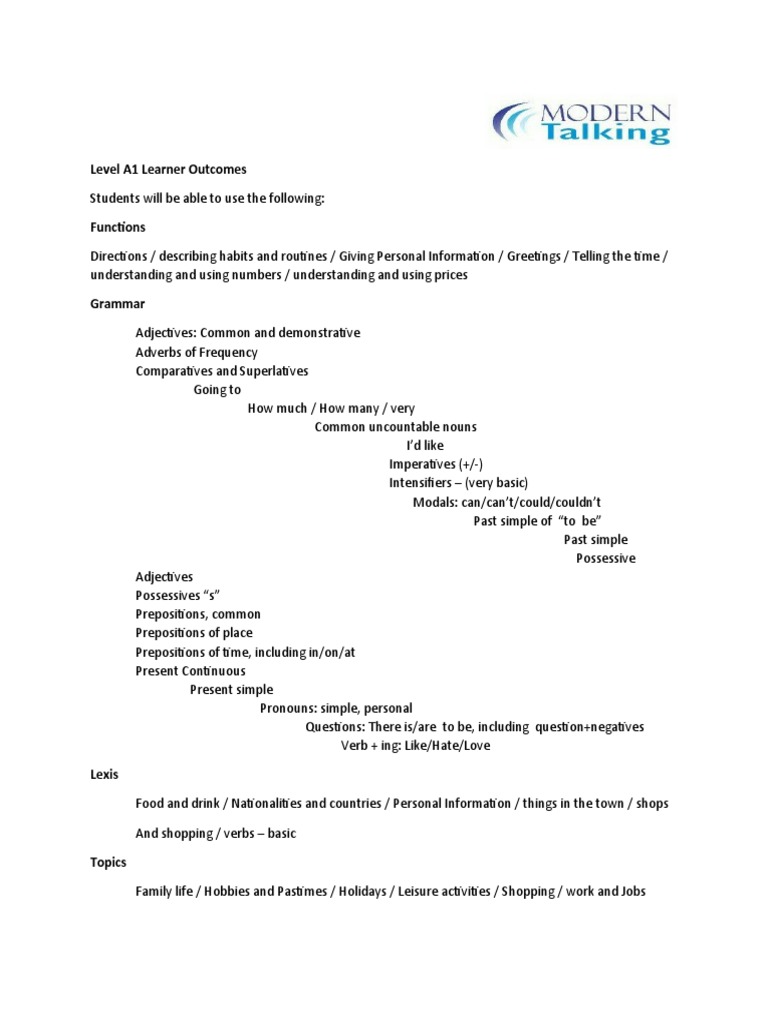 A1 Learner Outcomes Overview | PDF | Verb | Adjective