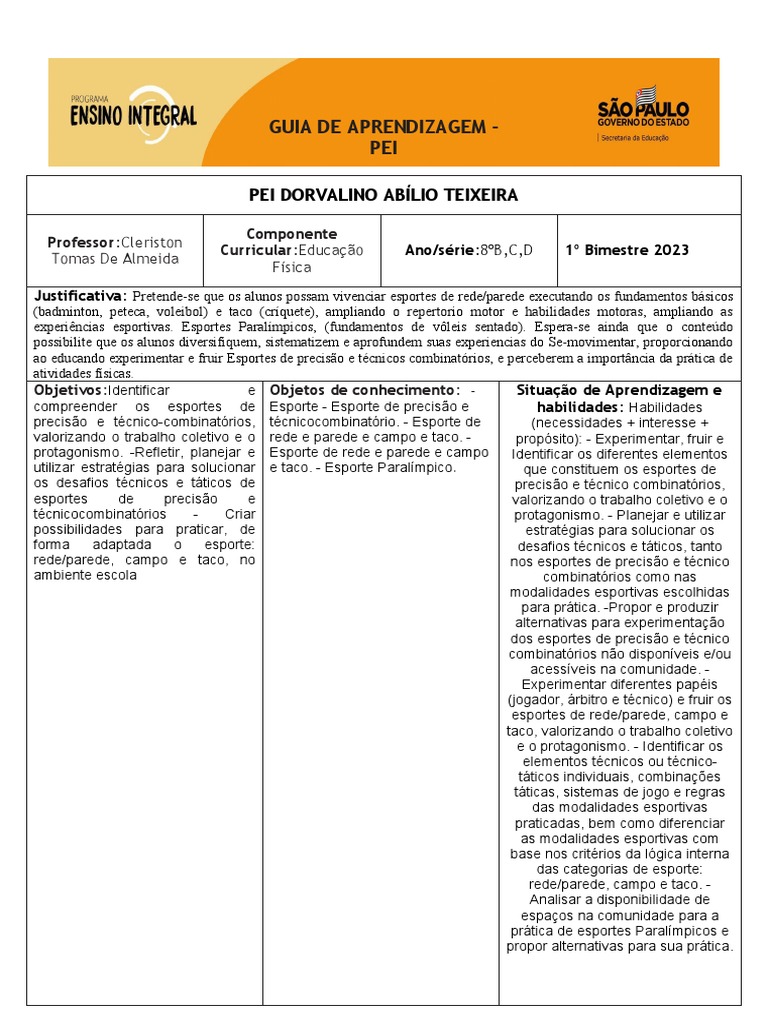 Guia de Aprendizagem - 8 Ano 2023 | PDF | Aprendizado
