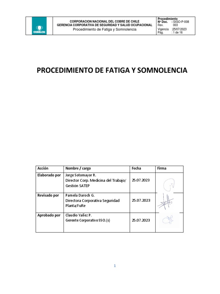 Procedimiento de Fatiga y Somnolencia | PDF | Seguridad y salud ...