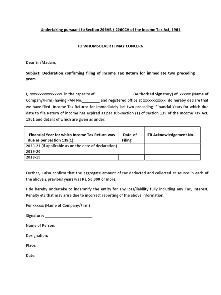 Undertaking pursuant to section 206ab 206cca of the income tax act