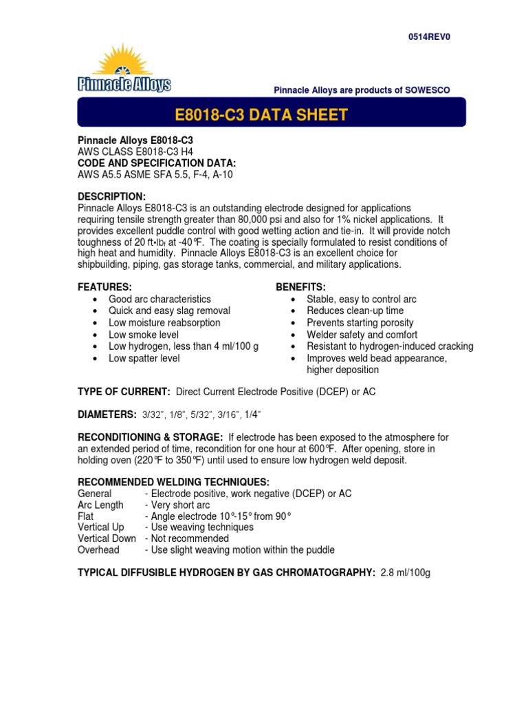 Pinnacle Alloys E8018 C3 PDF Construction Welding