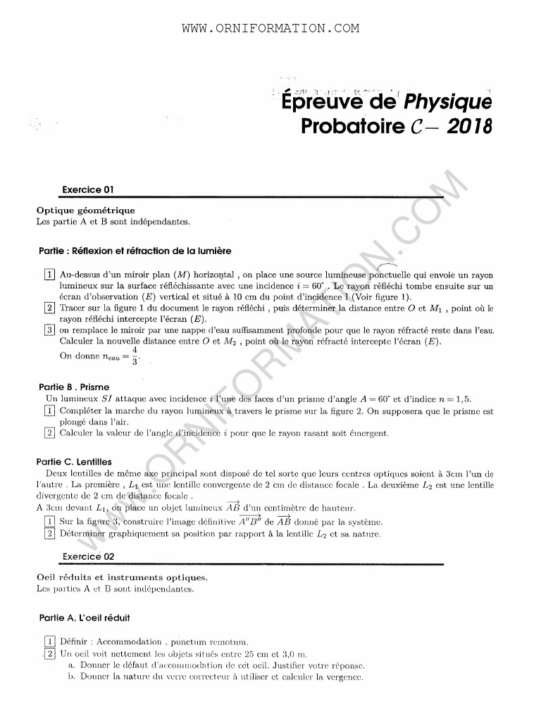 Orniformation preuve physique probatoire c session 2018 pdf