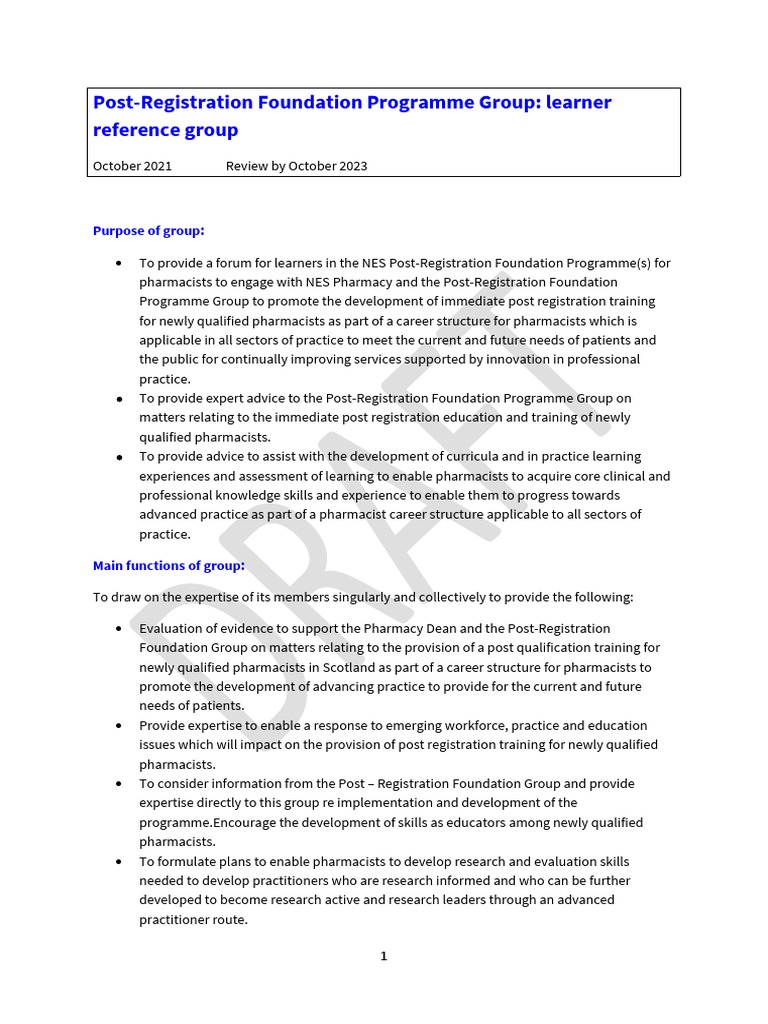 ToR Post-Registration Foundation Programme (PRFP) Learner Reference ...