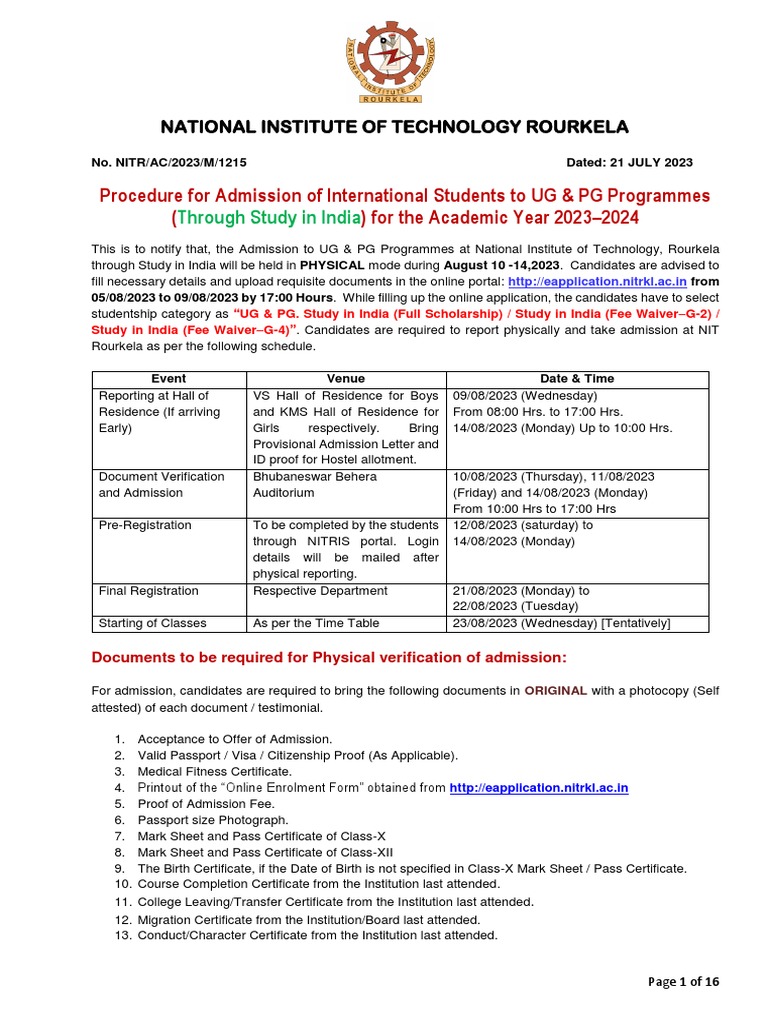 NIT Rourkela Admission Guide for Int'l Students | PDF