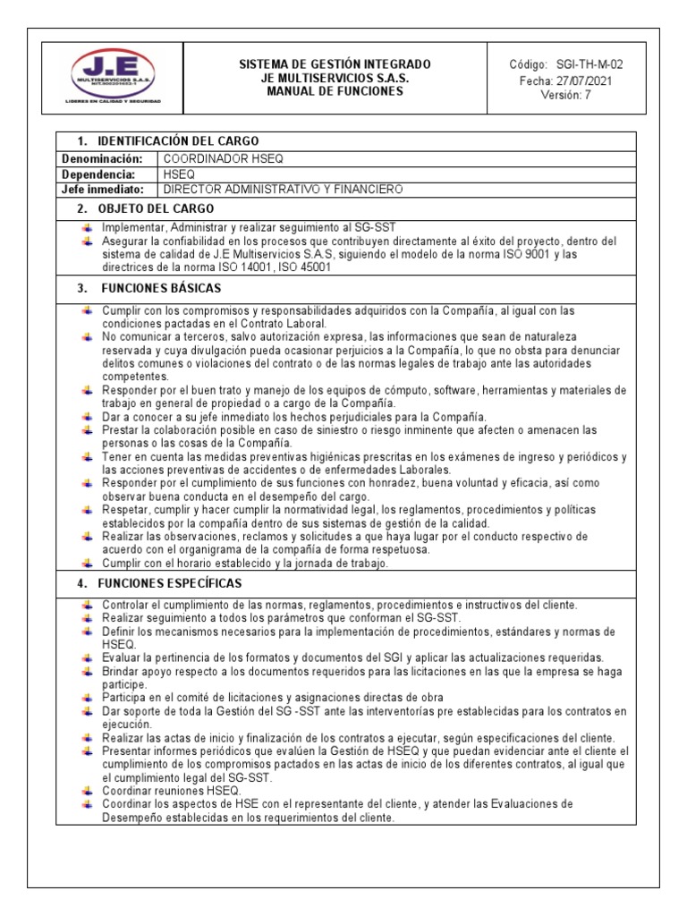 Funciones del Coordinador HSEQ | PDF | Seguridad y salud ocupacional ...