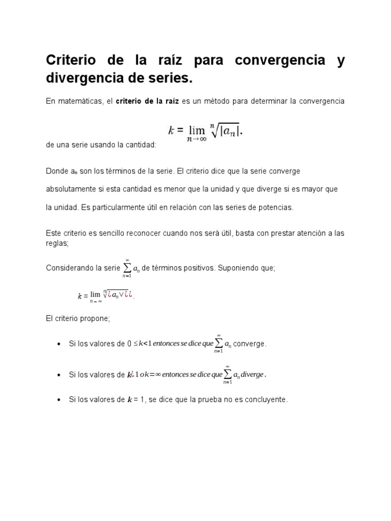 Criterio de la Raíz: Convergencia y Divergencia | PDF | Conceptos ...