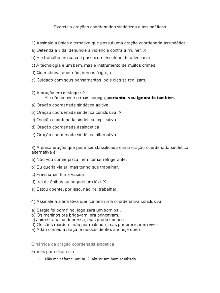 Exercício Orações Coordenadas Sindéticas e Assindéticas | PDF