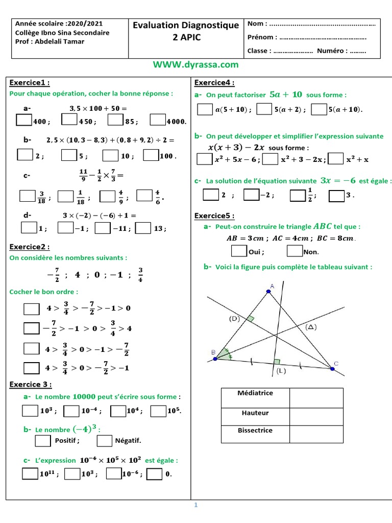 Évaluation Diagnostique Maths 2AC | PDF | Triangle | Euclide