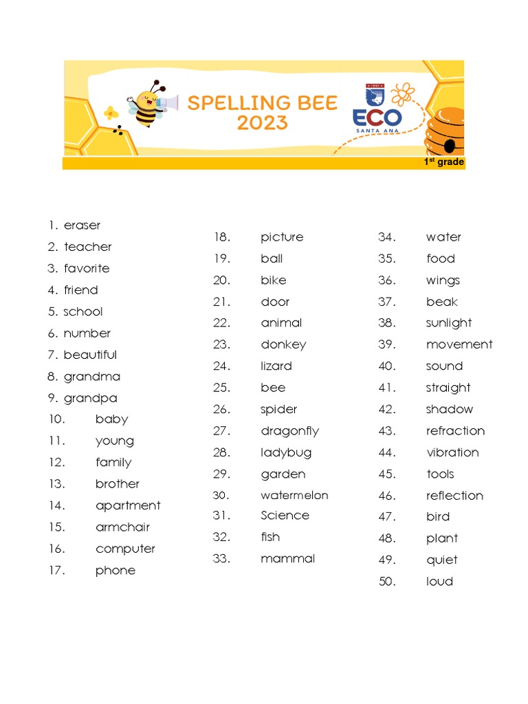 Spelling Bee 1st Grade 2023 Pdf