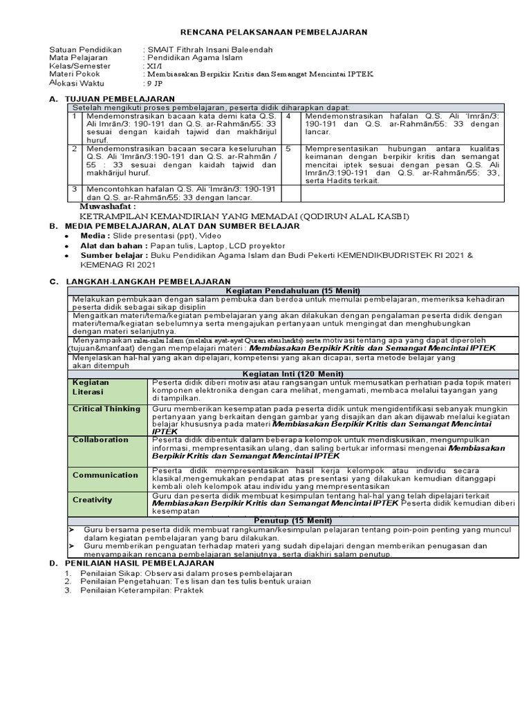 Rencana Pembelajaran Pai Kritis Iptek Pdf