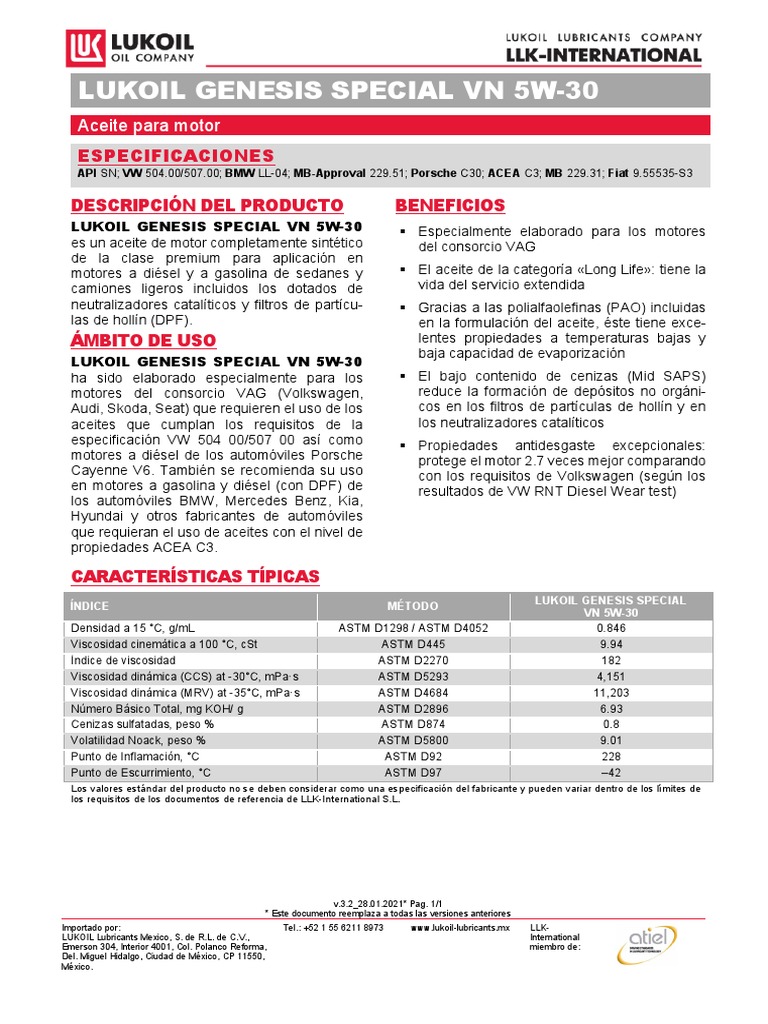 Tds - Lukoil Genesis Special VN 5w-30 - v.3.2 - Esp | PDF | Grupo ...