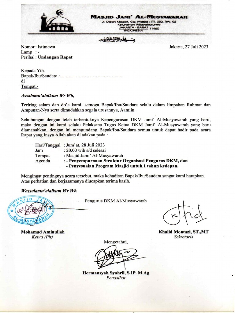 Undangan Rapat DKM 28.07.2023 | PDF