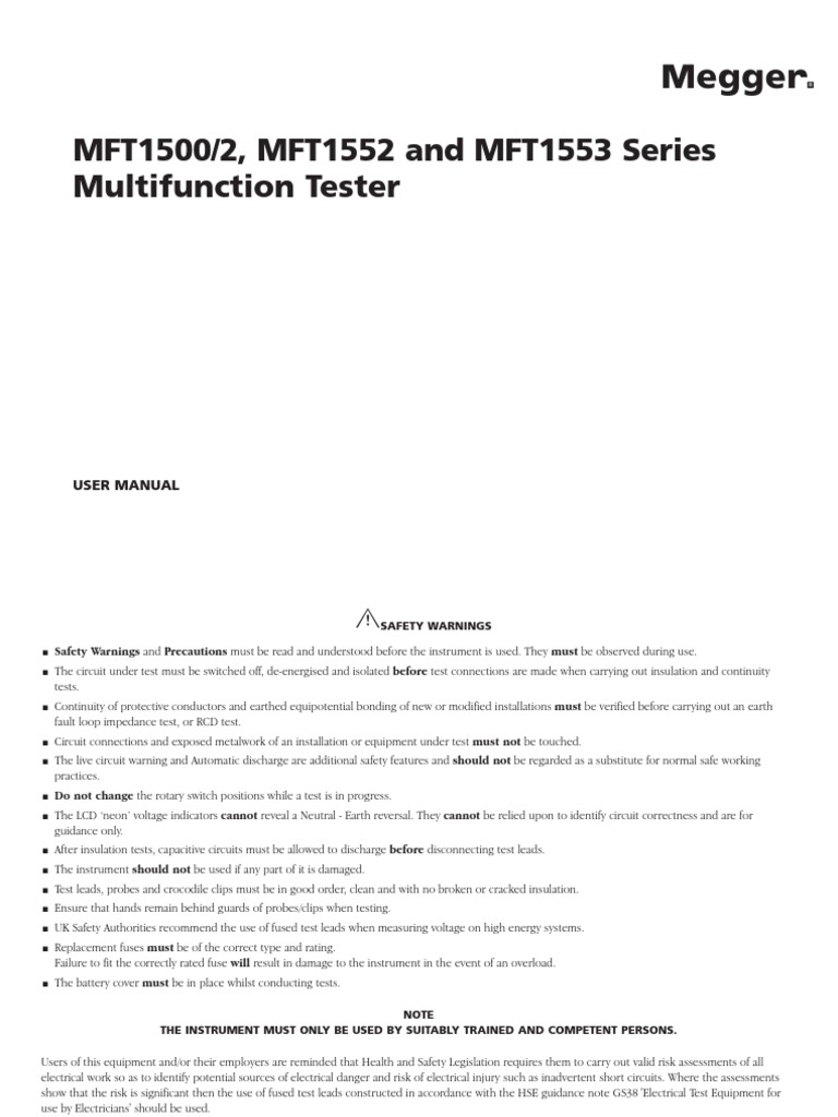 Megger Multifunction Tester MFT1500/2 MFT1552 and MFT1553 Series PDF
