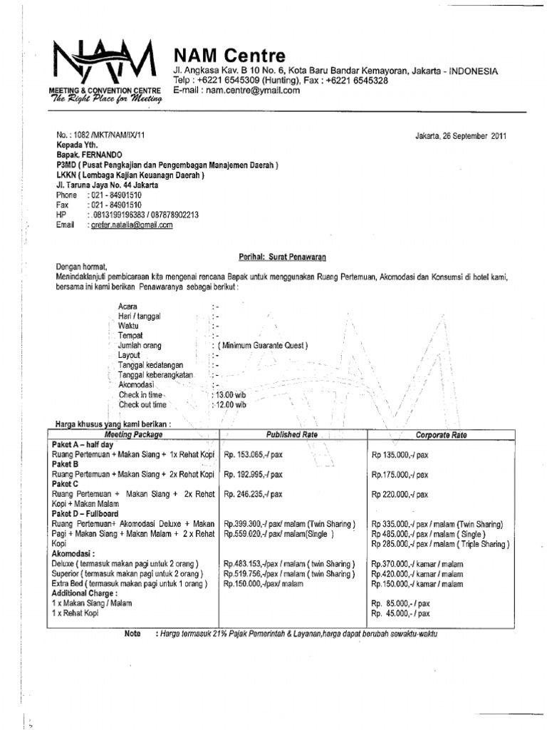 Surat Penawaran Paket Meeting Nam Centre Hotel P3md