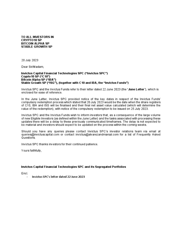 C10, IBA, ISG Letter - Compulsory Redemption | PDF | Cryptocurrency |  Chapter 11